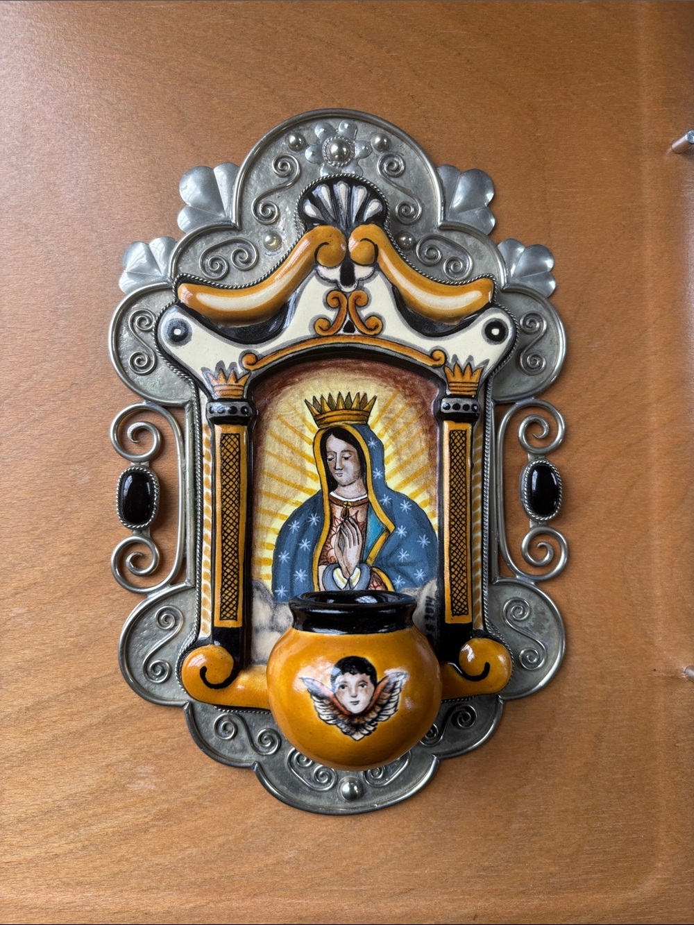 Hand-Painted Virgin Mary Wall Holy Water Font in Yellow and Blue
